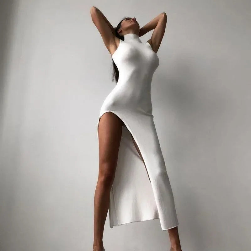 A New Me Chic White High Split Midi Dress