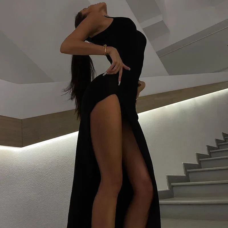 A New Me Chic Black High Split Midi Dress