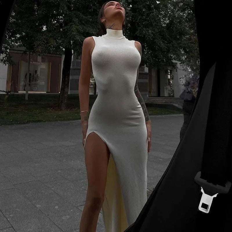A New Me Chic White High Split Midi Dress
