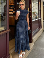 Polka dot A-line maxi dress by 64b136-1e featuring a flowy silhouette and stylish pattern, perfect for casual or semi-formal wear.