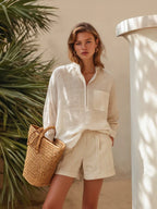 Brielle | Sheer Linen Shirt Striped Shorts Set