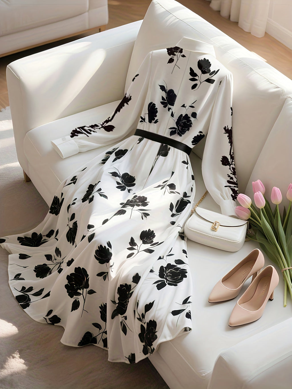 French Floral Belted Maxi Dress