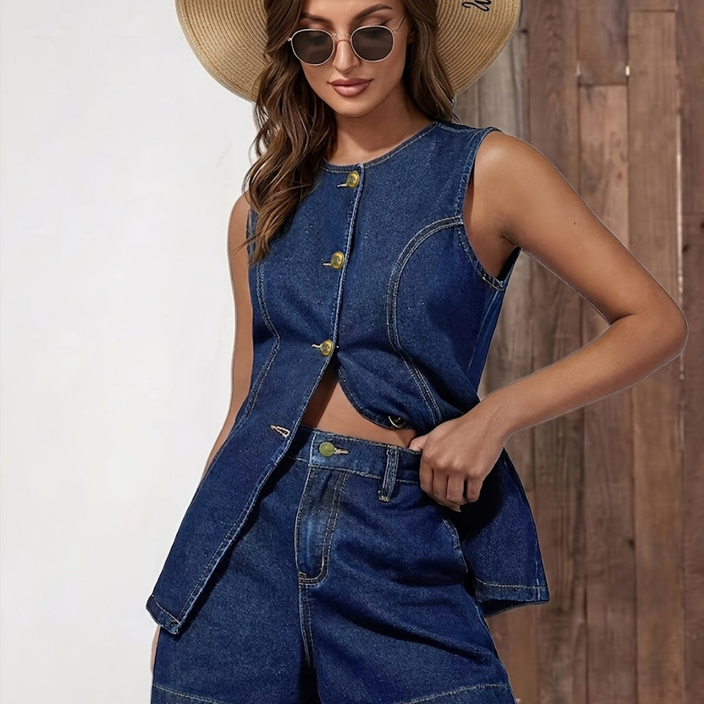 Denim Cardigan & Shorts Set