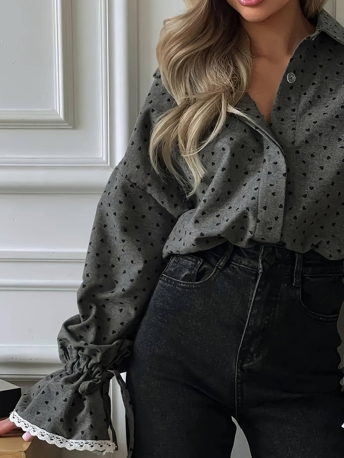 Elegant Heart Print Ruffled Sleeve Autumn Blouse