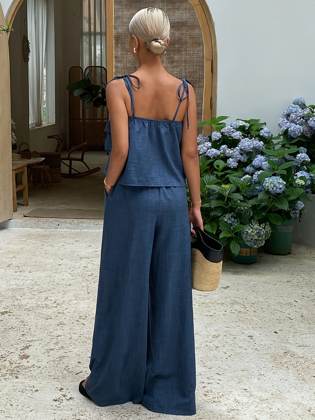 Chic Ruffle Camisole  TieWaist Pant Set
