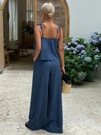 Chic Ruffle Camisole and Tie-Waist Pant Set by 64b136-1e, featuring ruffled top and matching pants, styled for a fashionable look.