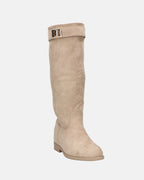 LILITH - stivali alti in camoscio beige con zip laterale con zeppa interna