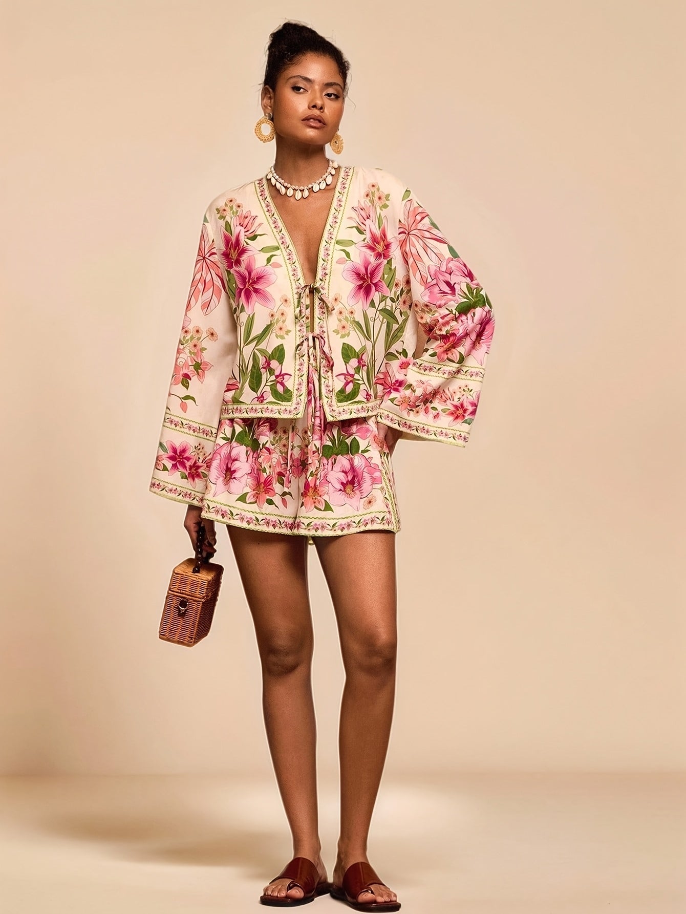 Chic Holiday Print Shirt  Shorts Set