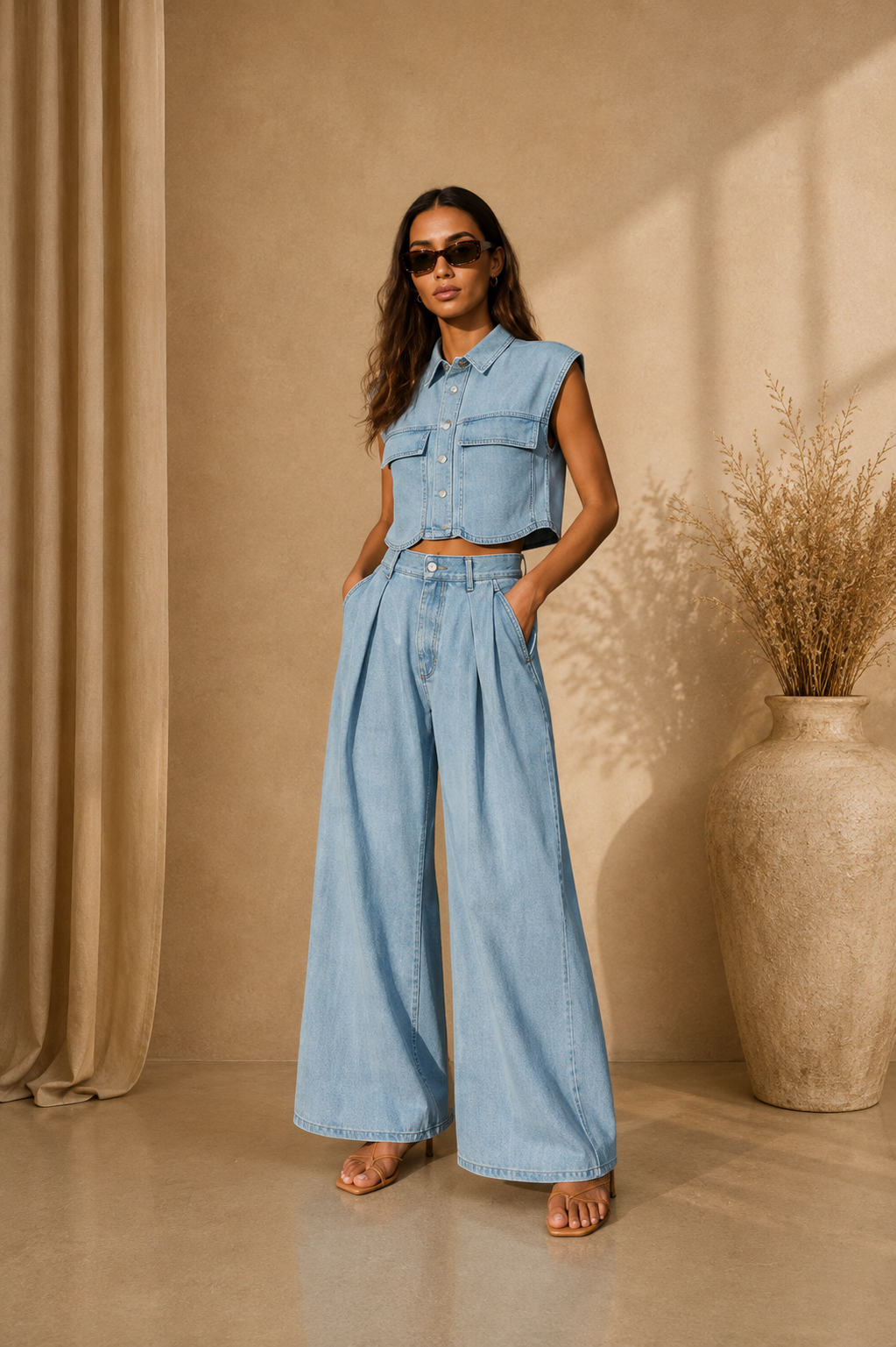 Sleeveless Crop Denim Top & Pleated Pants Set