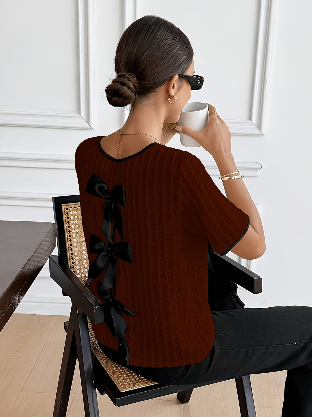 French Style Apricot Bow Back Stripe Crepe Top