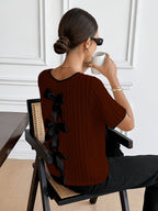 French style apricot bow back stripe crepe top from 64b136-1e, featuring a bow detail and striped pattern in a lightweight crepe fabric.