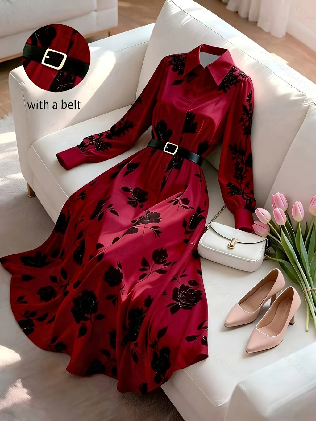 French Floral Belted Maxi Dress
