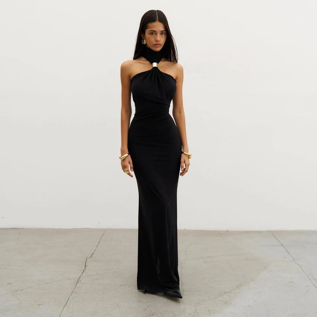 Alessandra Gold Ring Halter Neck Black Maxi Dress