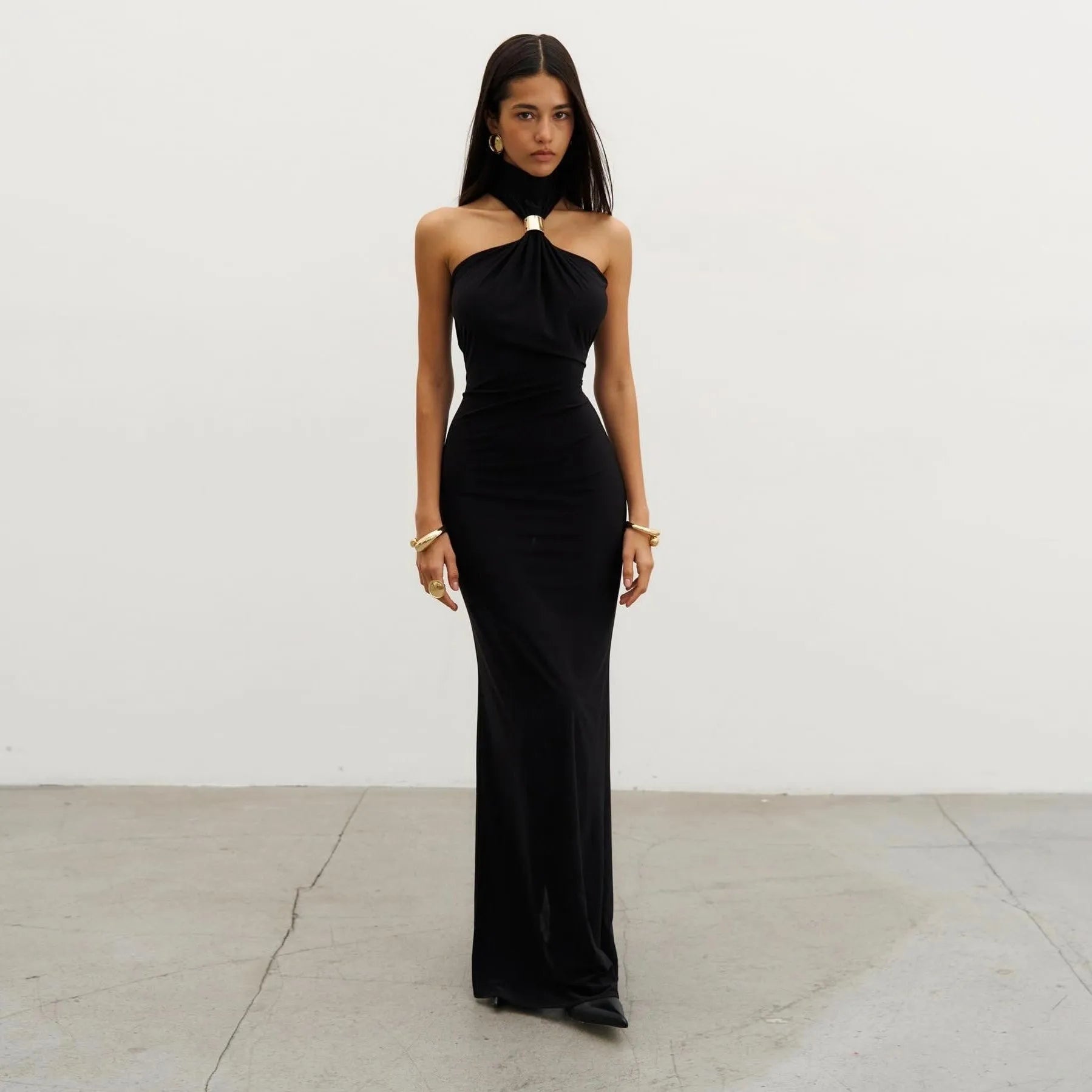 Alessandra Gold Ring Halter Neck Black Maxi Dress