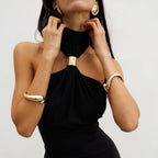 Alessandra Gold Ring Halter Neck Black Maxi Dress