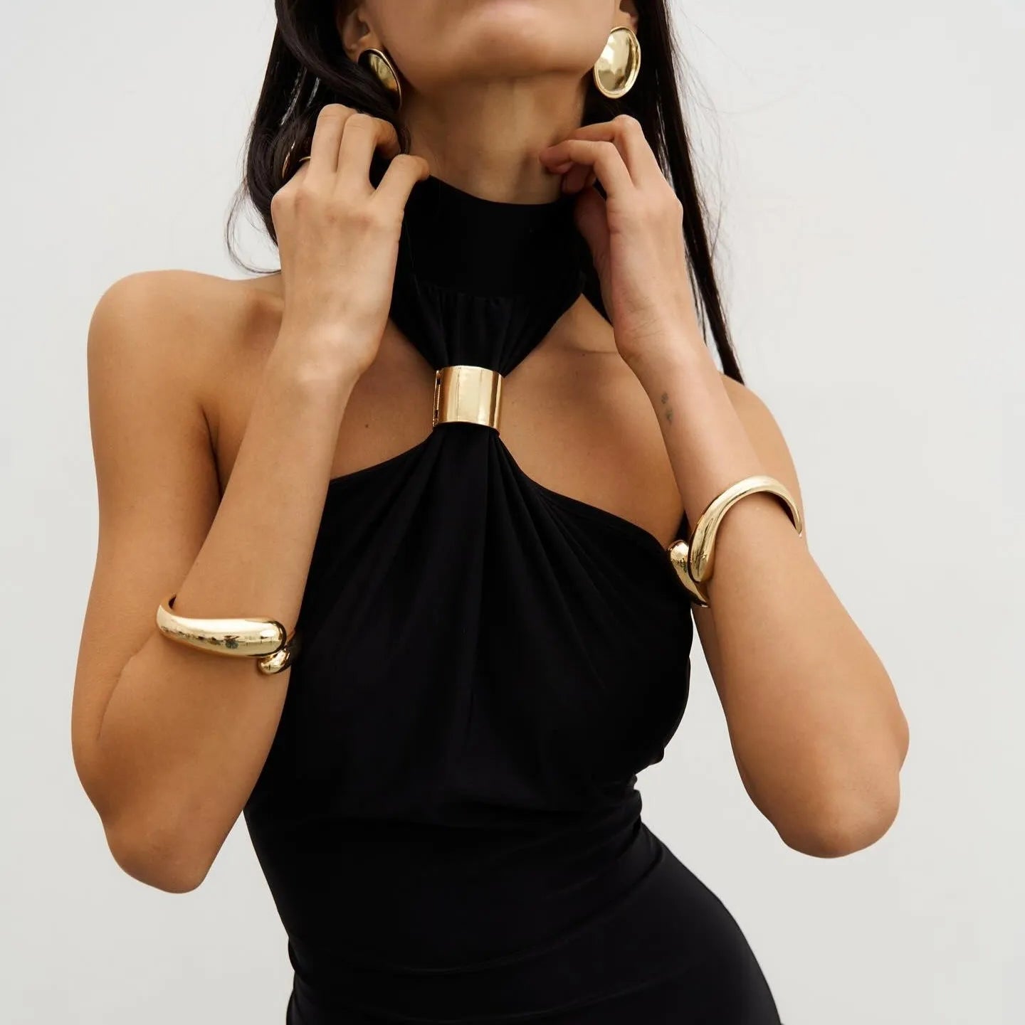 Alessandra Gold Ring Halter Neck Black Maxi Dress