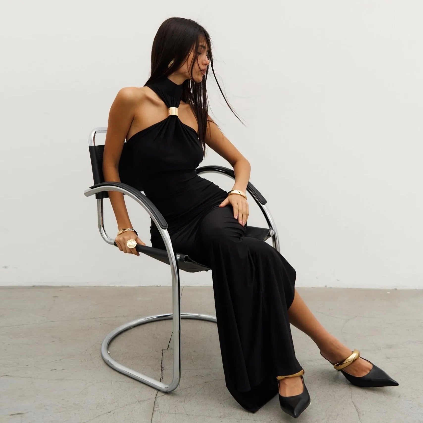Alessandra Gold Ring Halter Neck Black Maxi Dress