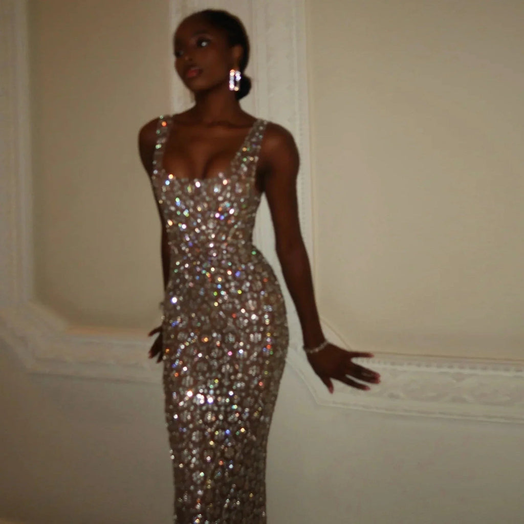 Anabella Crystal Mesh Handmade Maxi Dress