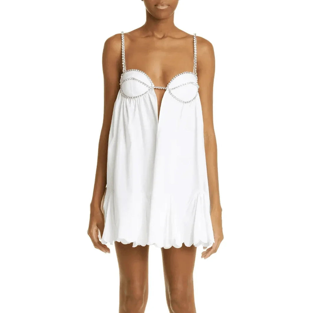 Astrid White Poplin Scalloped Hem Mini Dress
