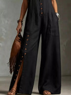 Sleeveless Button-Front Wide-Leg Jumpsuit