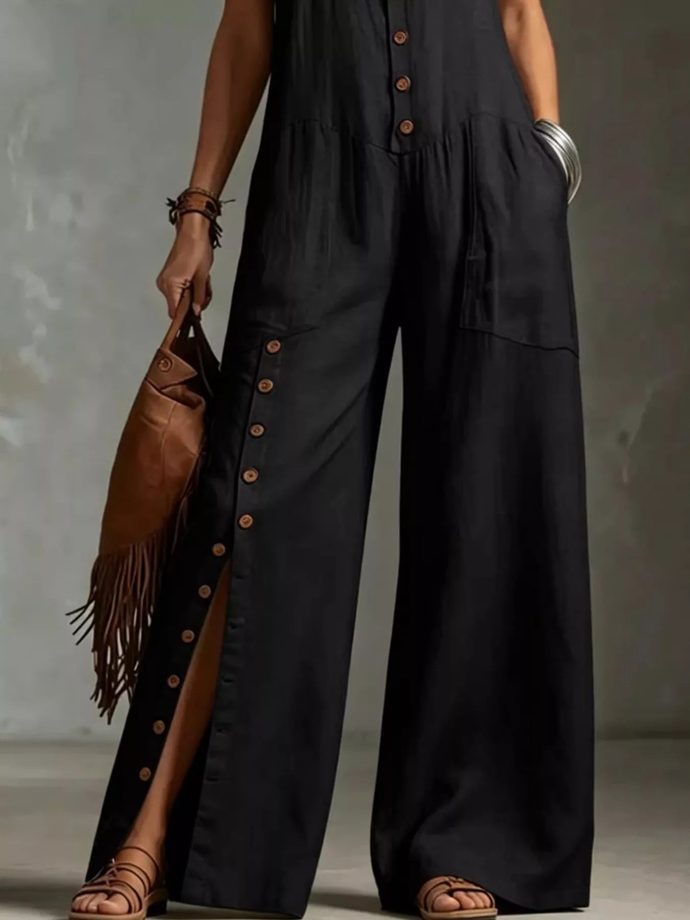 Sleeveless Button-Front Wide-Leg Jumpsuit
