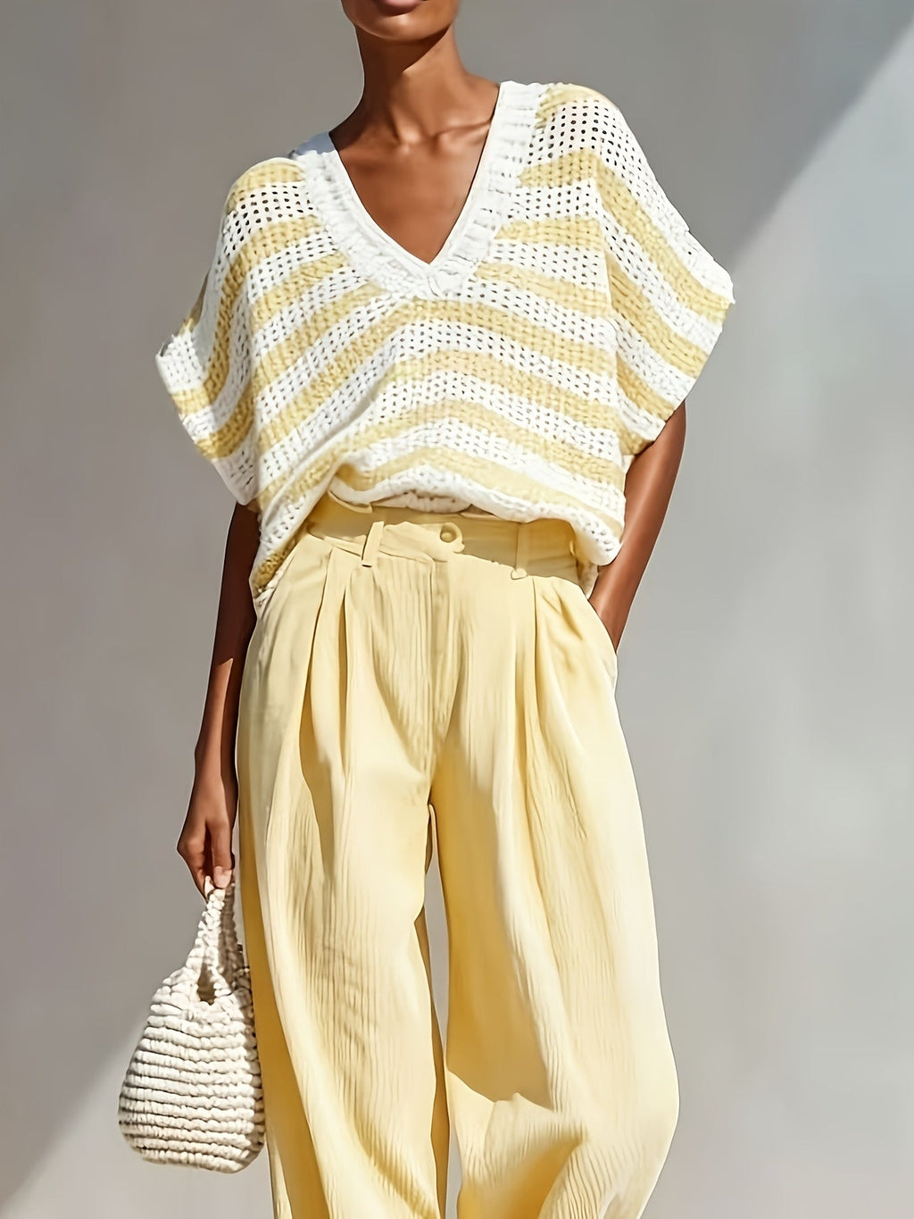 Chic Blue Stripe Mesh VNeck Summer CoverUp Blouse