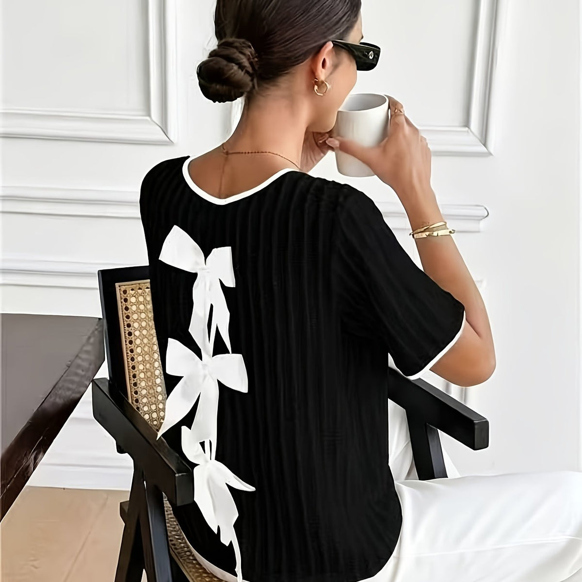French Style Apricot Bow Back Stripe Crepe Top