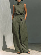 Linen sleeveless two-piece set from 64b136-1e featuring a relaxed fit, natural fabric, and casual summer style.