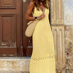 Hollow-out solid color beach maxi dress by 64b136-1e, sleeveless design with a flowy silhouette perfect for summer.