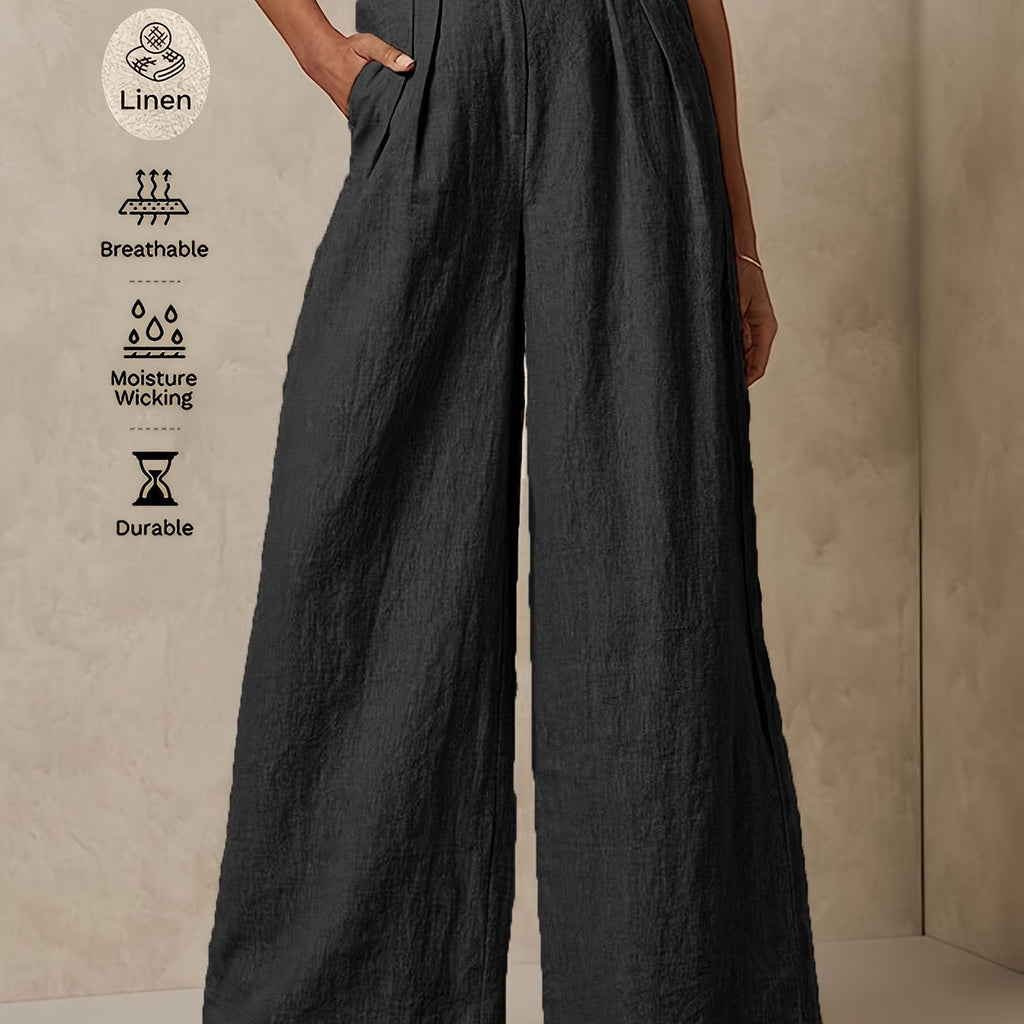 Linen wide-leg pants by 64b136-1e, featuring relaxed fit and lightweight fabric, shown on a model against a neutral background.