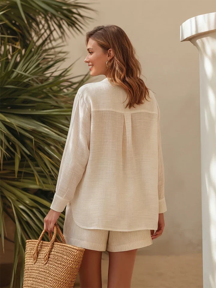 Brielle | Sheer Linen Shirt Striped Shorts Set