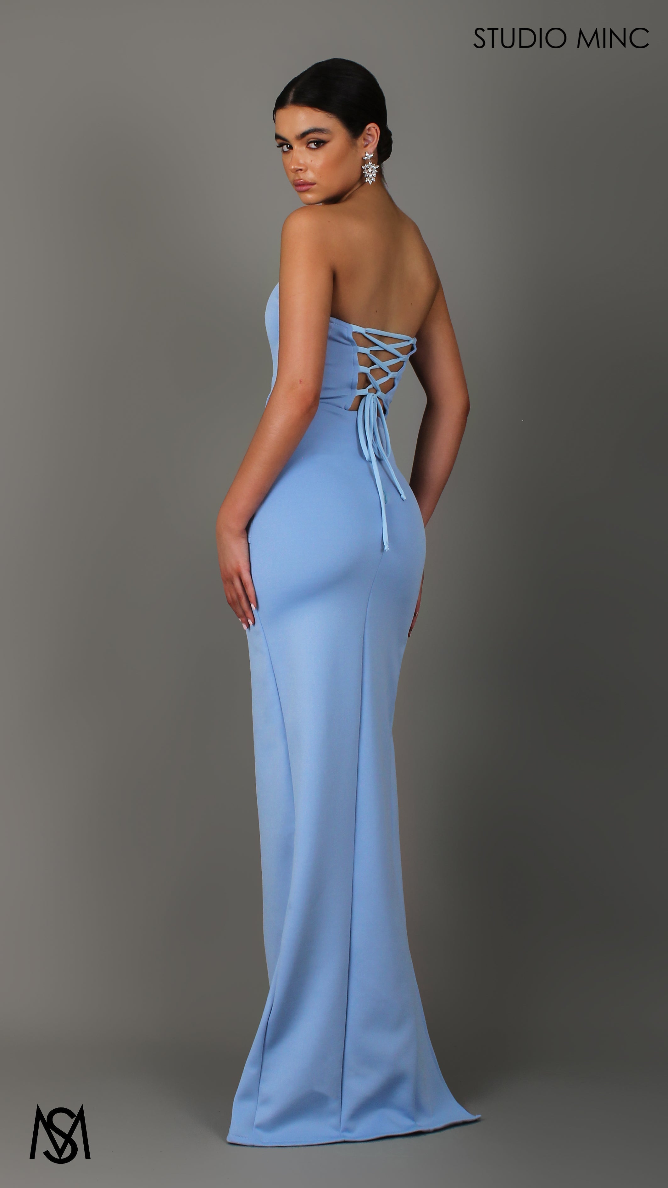 Iris - Powder Blue Formal Dress, Satin Strapless Corset Lace Up Fitted Leg Split