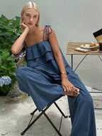 Chic Ruffle Camisole and Tie-Waist Pants Set by 64b136-1e, featuring ruffled top and stylish matching pants.