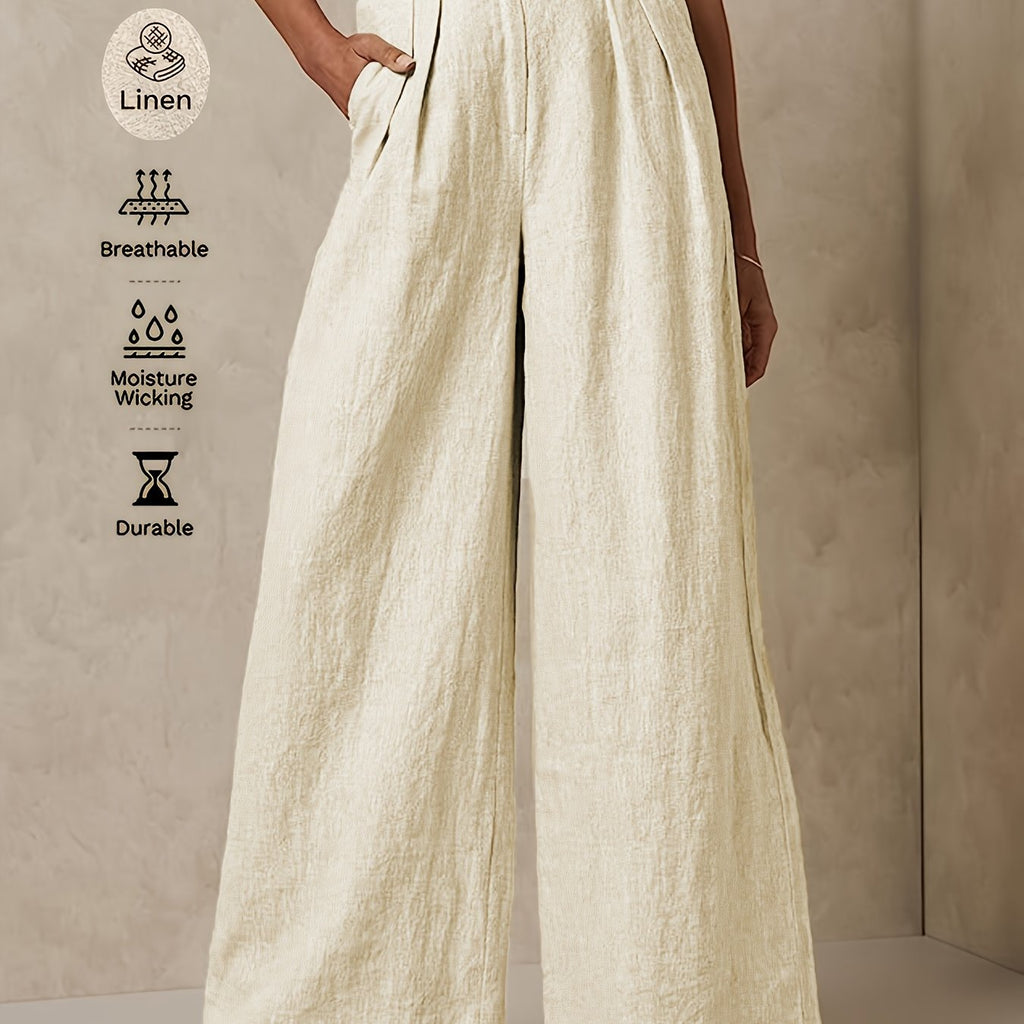Light beige linen wide-leg pants from 64b136-1e, featuring a relaxed fit and flowing fabric, perfect for casual or summer wear.