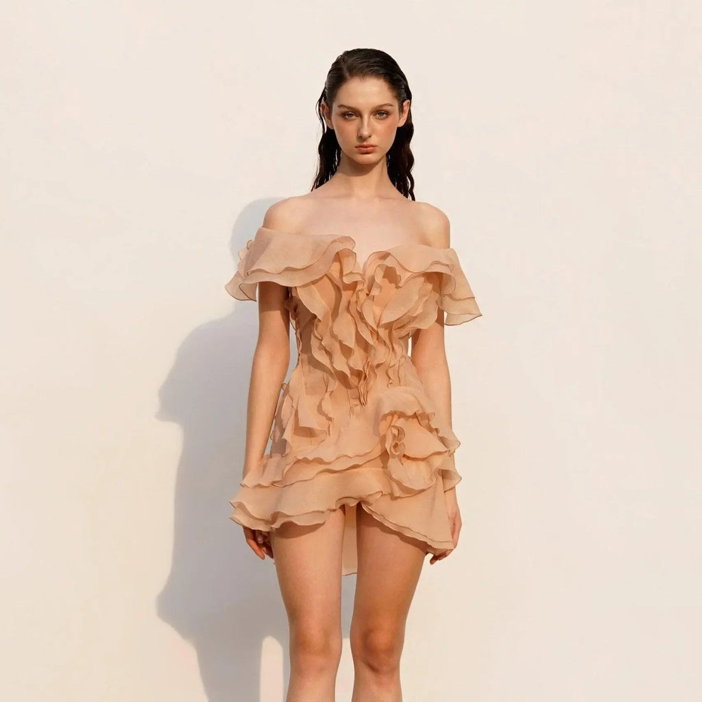 Because Of You Ruffle Layers Beige Mini Dress
