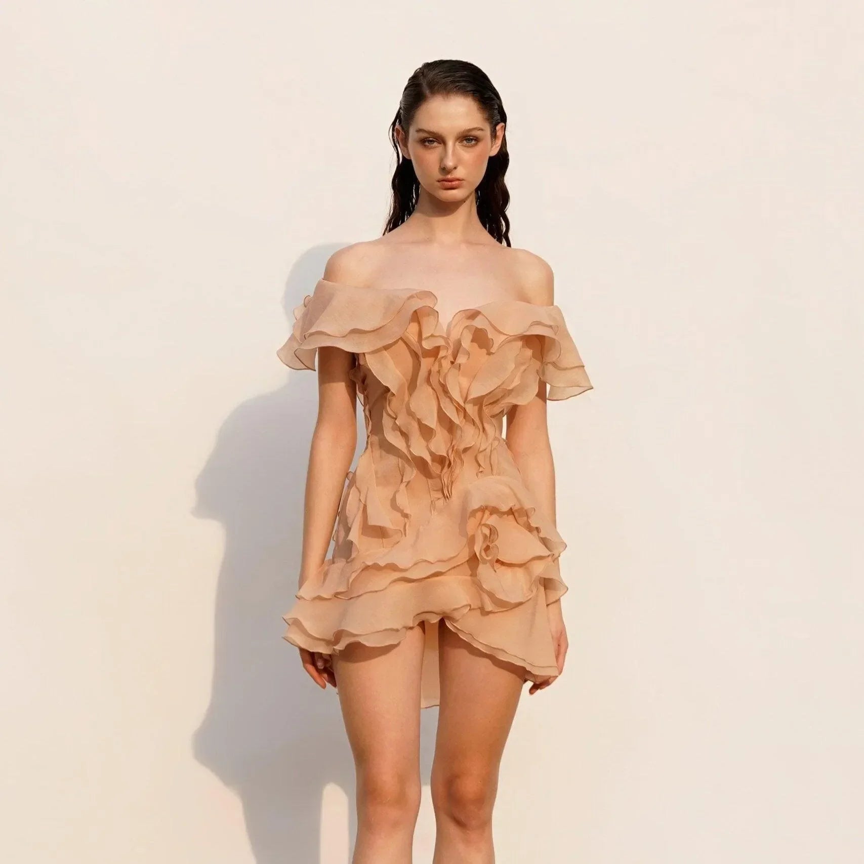 Because Of You Ruffle Layers Beige Mini Dress