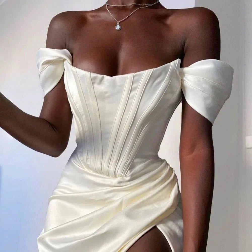 Bella Elegant Ivory Off-Shoulder Corset Dress