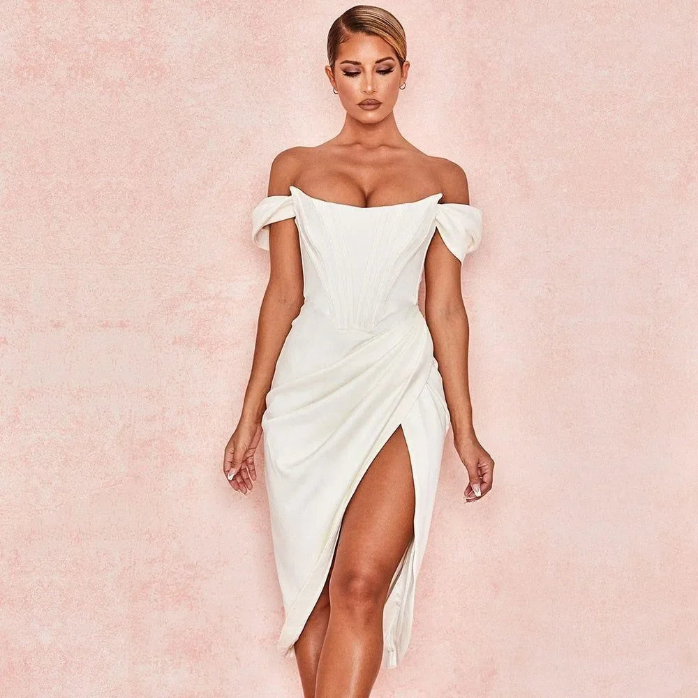 Bella Elegant Ivory Off-Shoulder Corset Dress