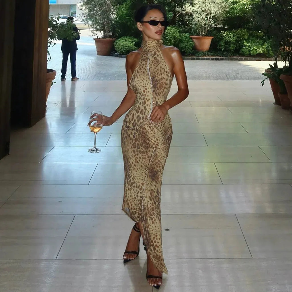 Bengal Beauty Leopard Print Backless Maxi Dress
