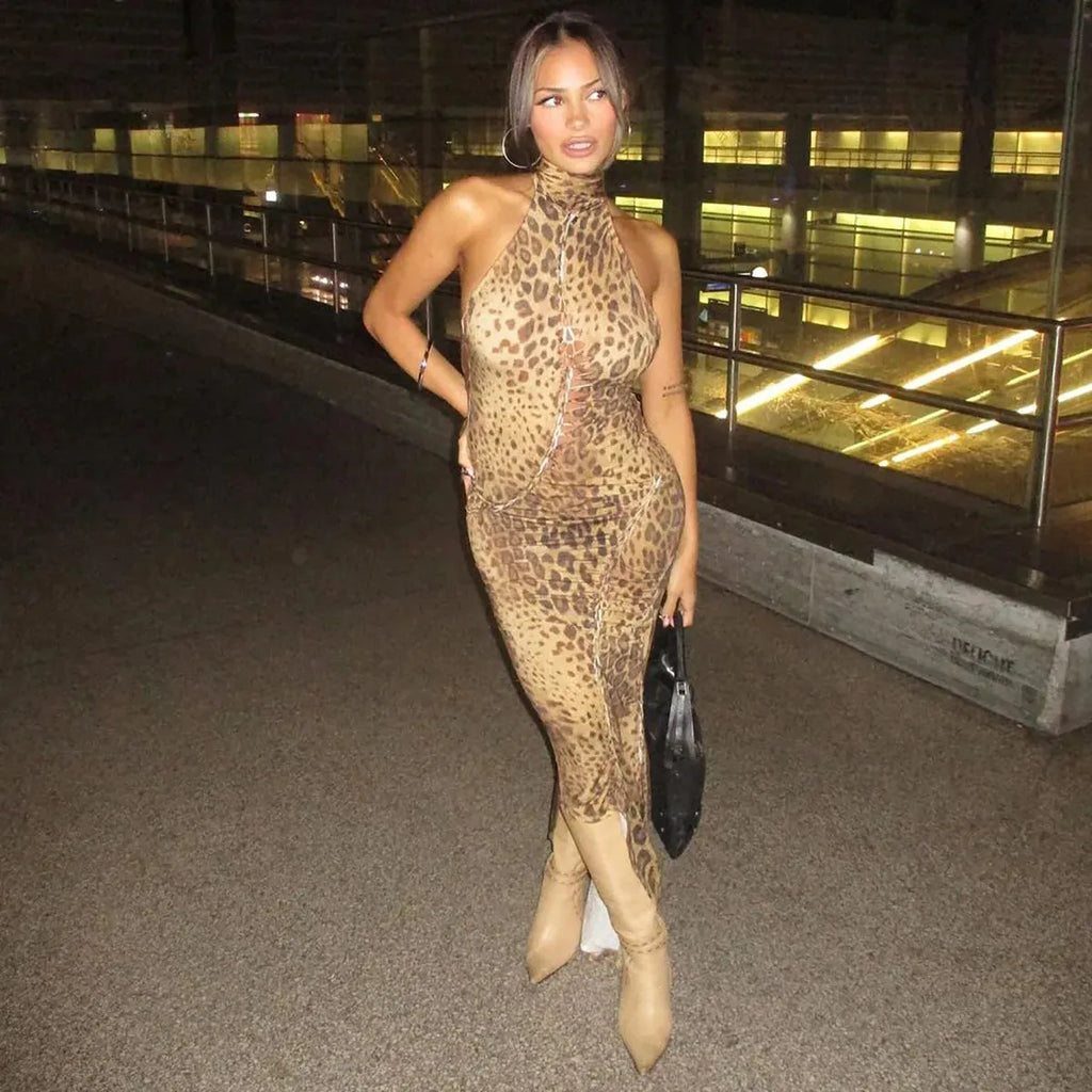 Bengal Beauty Leopard Print Backless Maxi Dress
