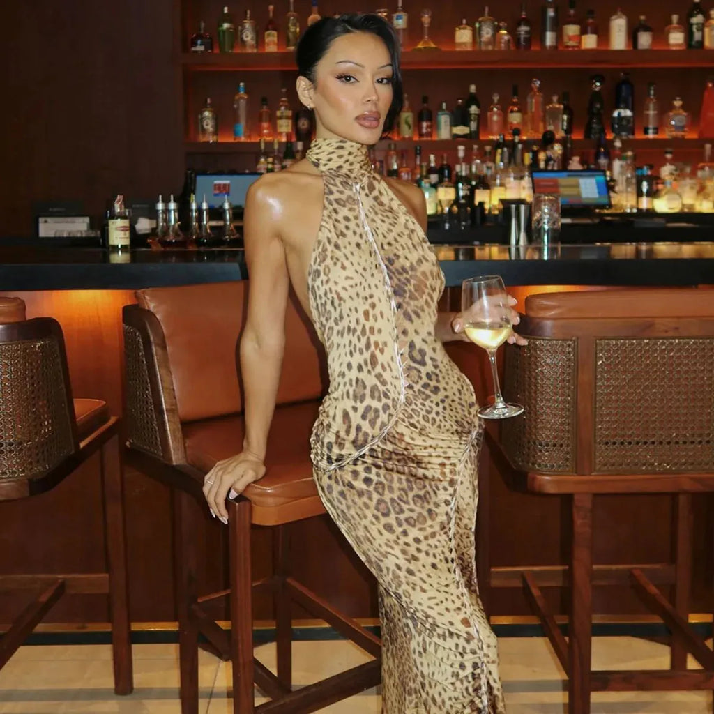 Bengal Beauty Leopard Print Backless Maxi Dress