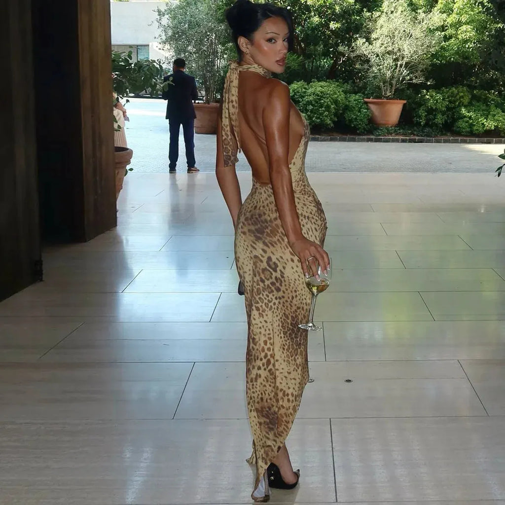 Bengal Beauty Leopard Print Backless Maxi Dress