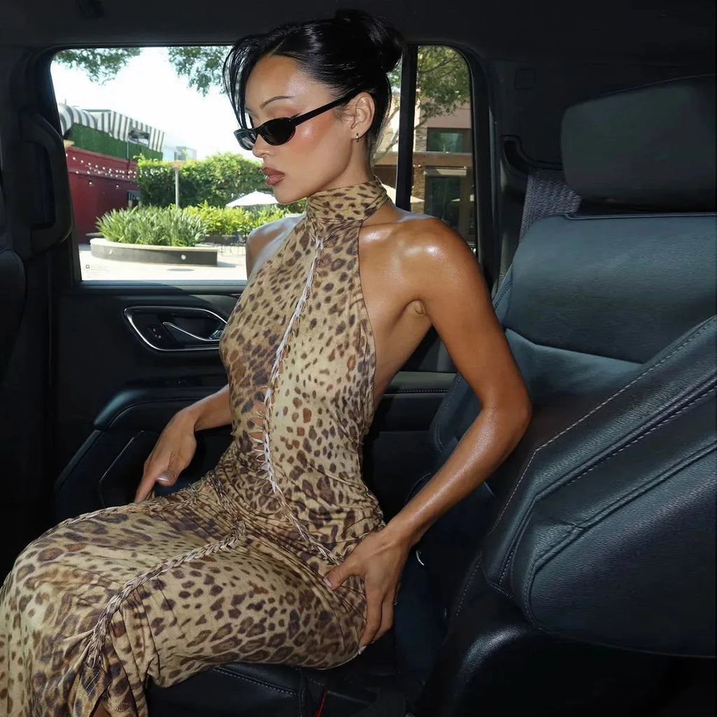 Bengal Beauty Leopard Print Backless Maxi Dress