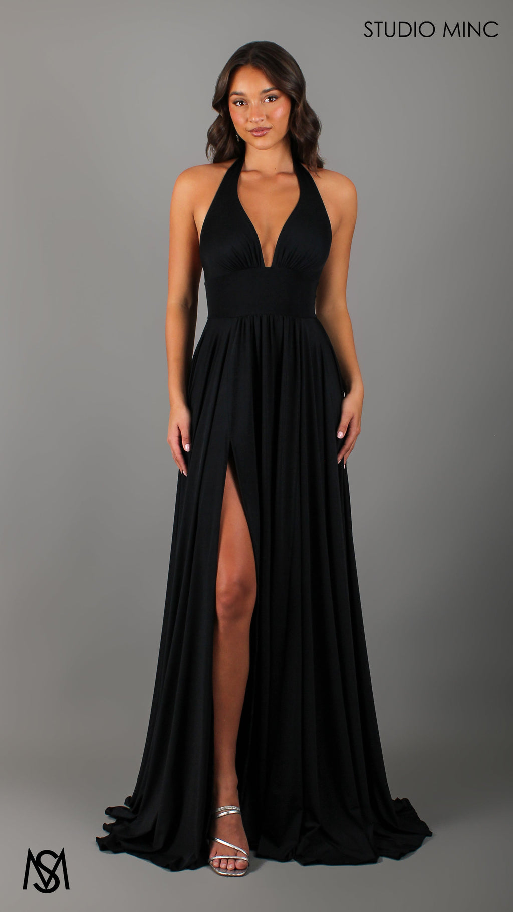 LOVE - Black Flowy Formal Dress with Plunge Neckline & Leg Split