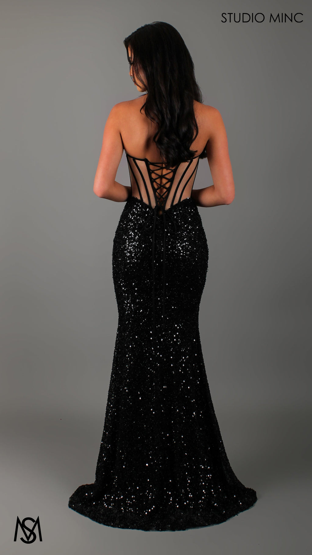 Luminous - Black Formal Dress, Sequin beaded strapless corset net cut out backless lace up mermaid fishtail leg slit