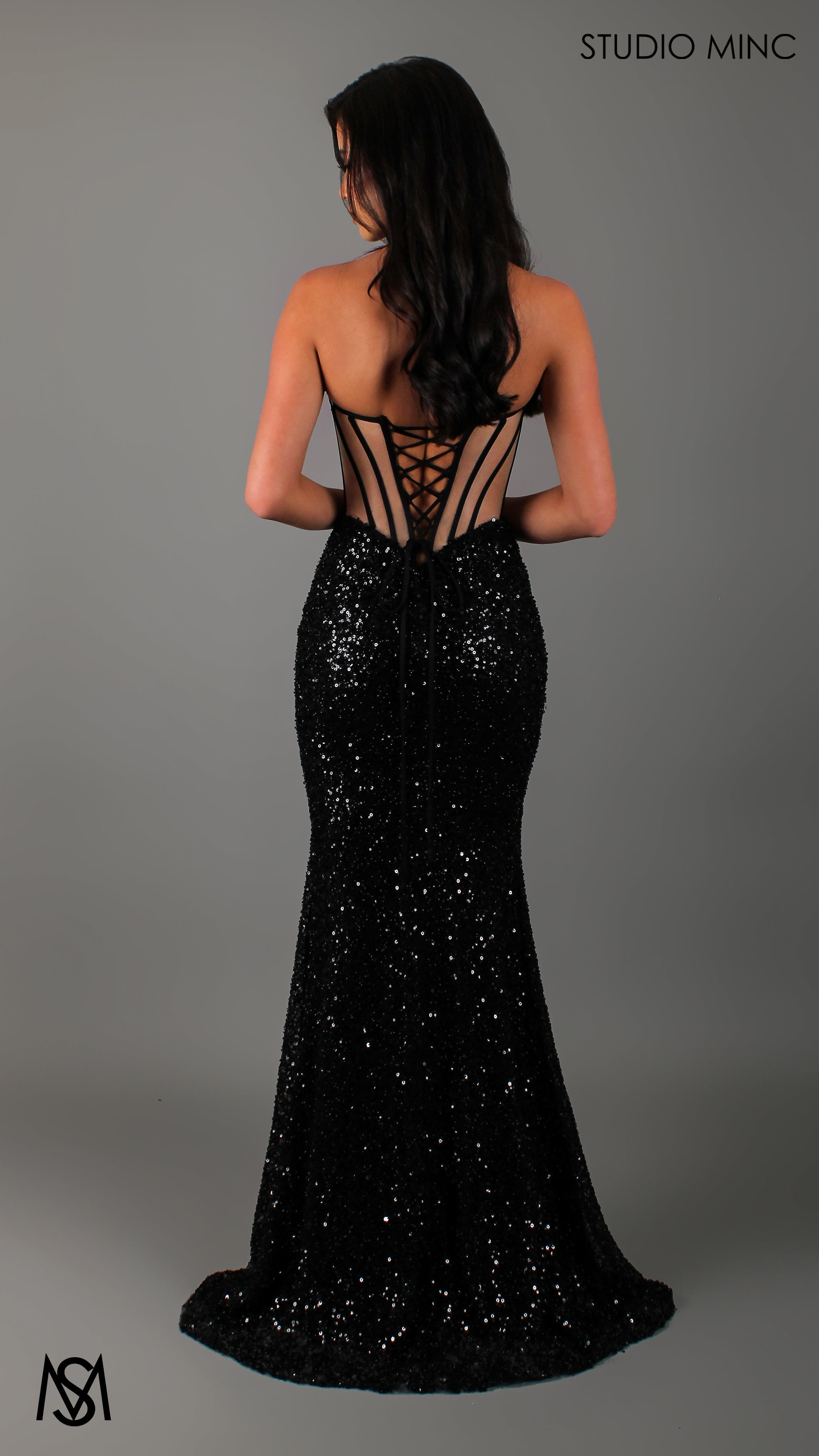 Luminous - Black Formal Dress, Sequin beaded strapless corset net cut out backless lace up mermaid fishtail leg slit