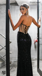 Luminous - Black Formal Dress, Sequin beaded strapless corset net cut out backless lace up mermaid fishtail leg slit