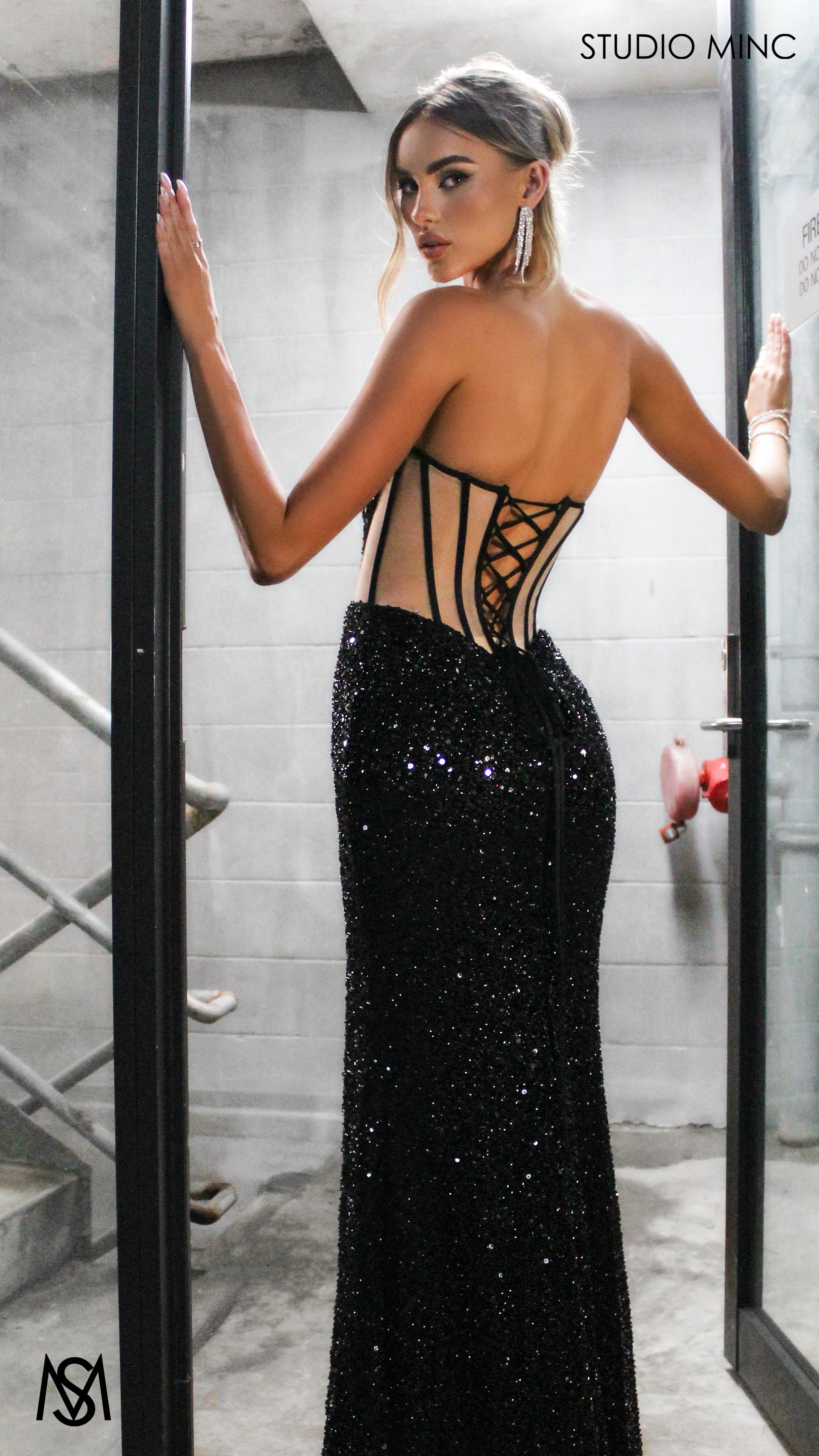 Luminous - Black Formal Dress, Sequin beaded strapless corset net cut out backless lace up mermaid fishtail leg slit