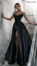 Lunar - Black Formal Dress, satin strapless boned corset net cut outs lace up gown pockets leg slit