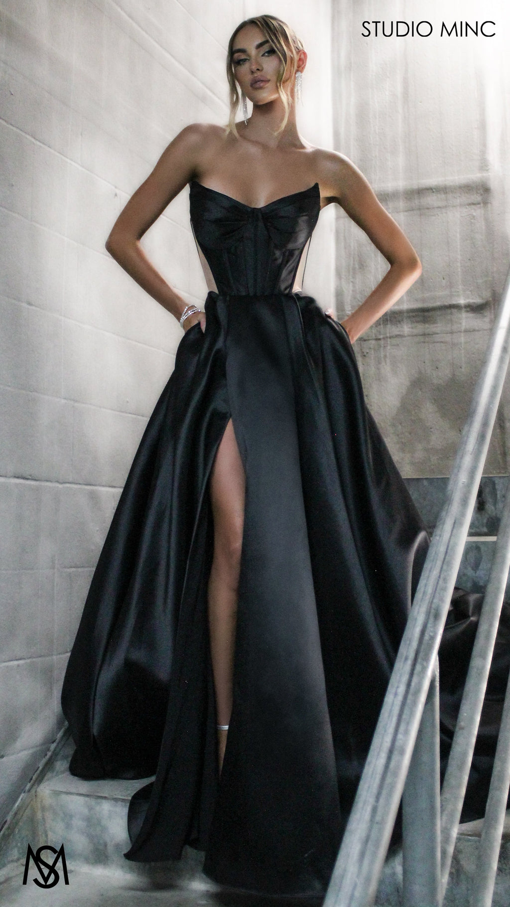 Lunar - Black Formal Dress, satin strapless boned corset net cut outs lace up gown pockets leg slit